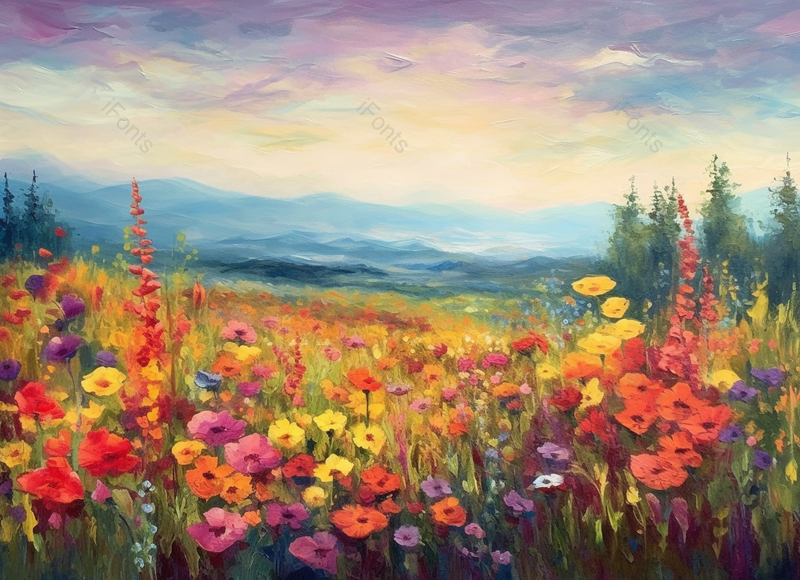 春天夏天天气晴朗广阔草地野花花簇花朵盛开手绘油画插画,插画/手绘图,插画/手绘图库,插画/手绘图下载,插画/手绘